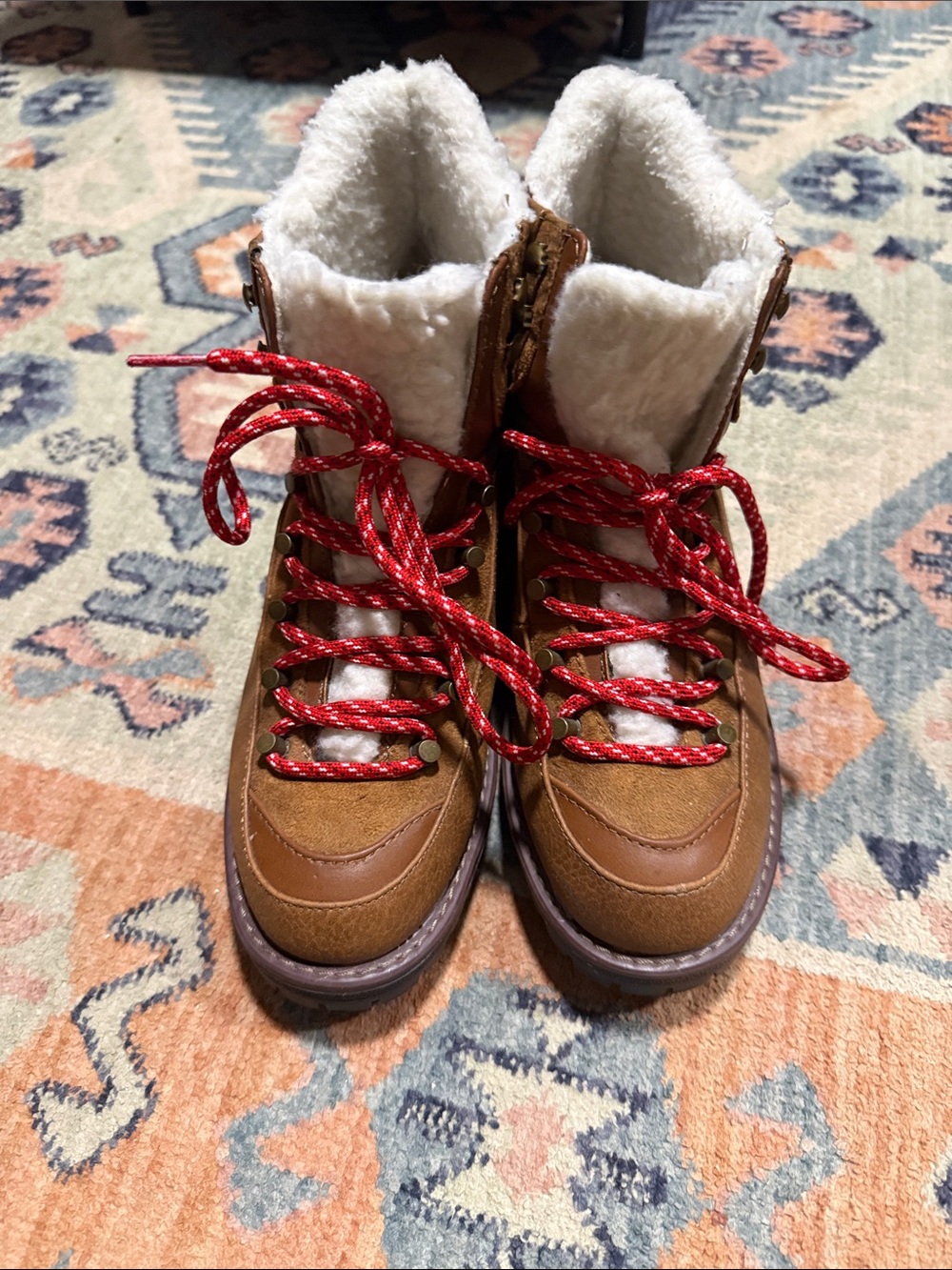 Sugar Tan Faux-Shearling Winter Boots with Red Laces